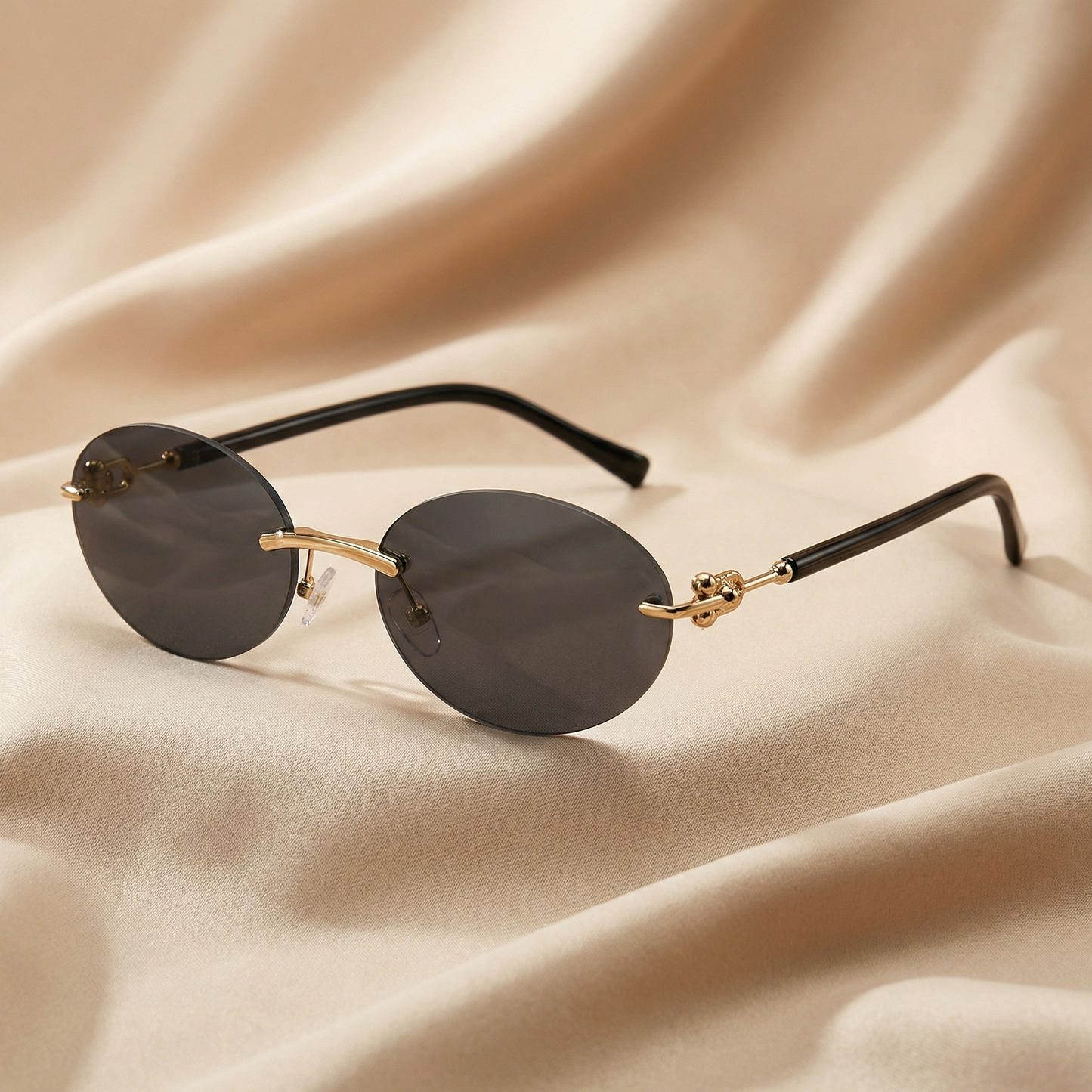 Elegant Oval Rimless Sunglasses in Gold with Brown, Tortoiseshell & Black Temples | Minimalist Metal Sunglasses for Women