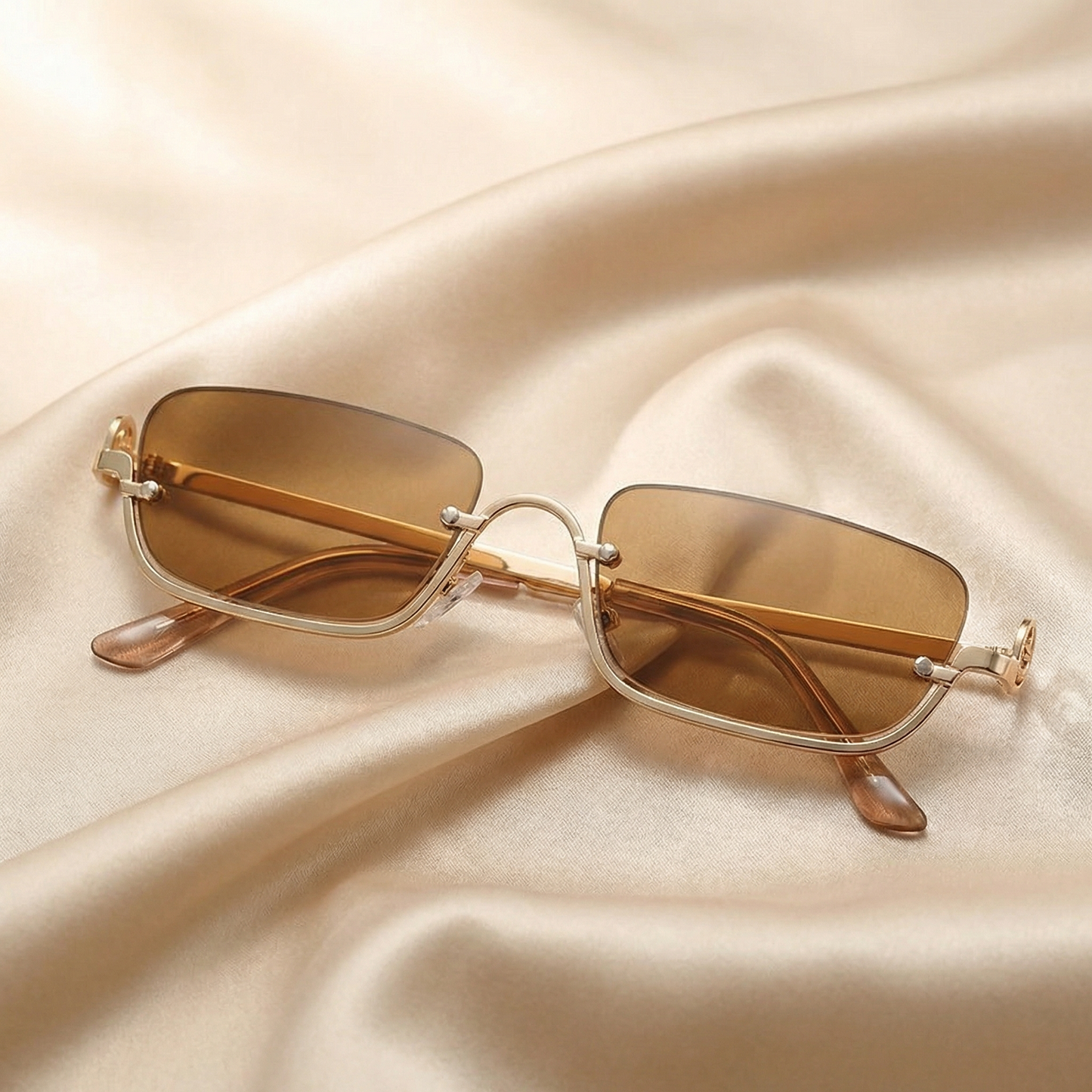 Modern Rimless Rectangle Sunglasses in Gold | Slim Minimalist Frameless Shades for Street & Summer Style