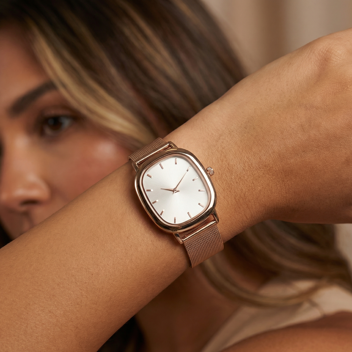 Gold Rose Gold Silver Minimal Square Mesh Watch for Women | Gold Rose Gold Silver Stainless Steel Watch | White Dial Timepiece