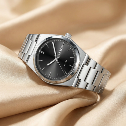 Luxury Stainless Steel Day-Date Watch in Silver | Classic Minimalist Quartz Timepiece with Steel Bracelet
