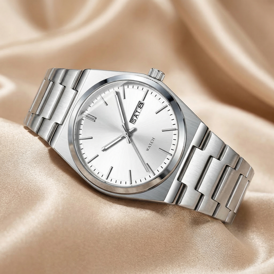 Luxury Stainless Steel Day-Date Watch in Silver | Classic Minimalist Quartz Timepiece with Steel Bracelet