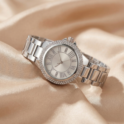 Luxury Roman Crystal Dial Watch in Gold, Silver & Rose Gold | Elegant Diamond Bezel Bracelet Watch