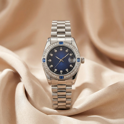 Crystal Date Bracelet Watch in Silver with White, Blue, Green, Red & Black Dial | Stainless Steel Quartz Watch