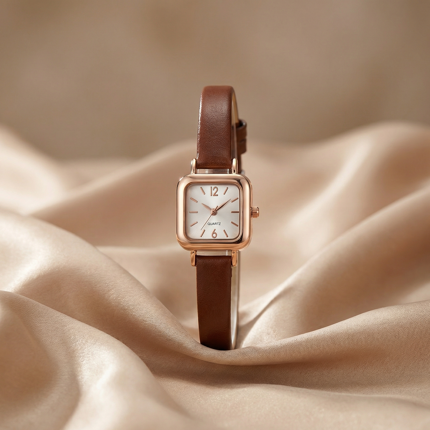 Rose Gold Square Leather Watch | Minimal Quartz Wristwatch with Black & Brown Leather Strap | Elegant Luxury Timepiece