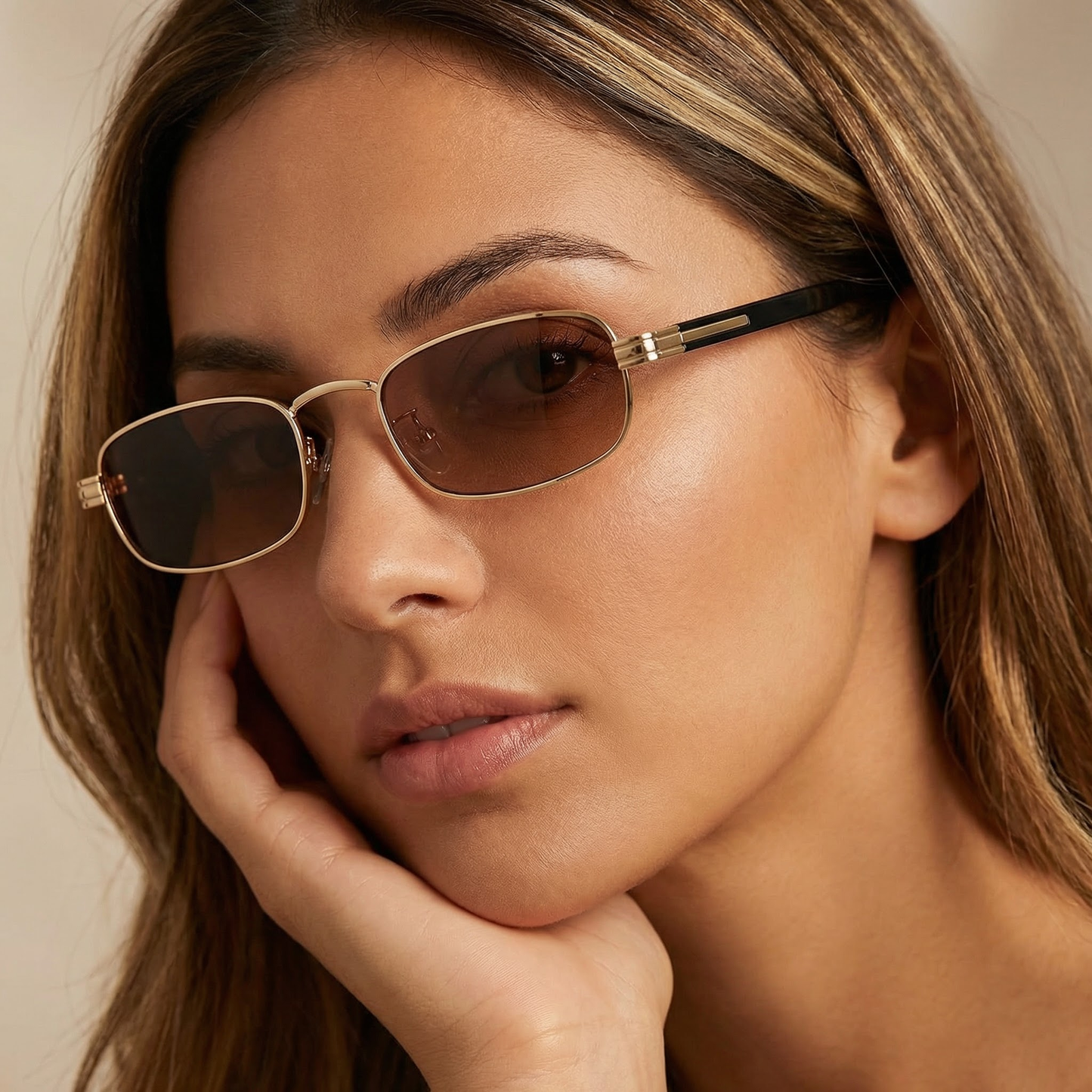 Luxury Rectangular Sunglasses in Gold with Green & Brown Lenses | Elegant Metal Frame Fashion Sunglasses for Spring & Summer Style