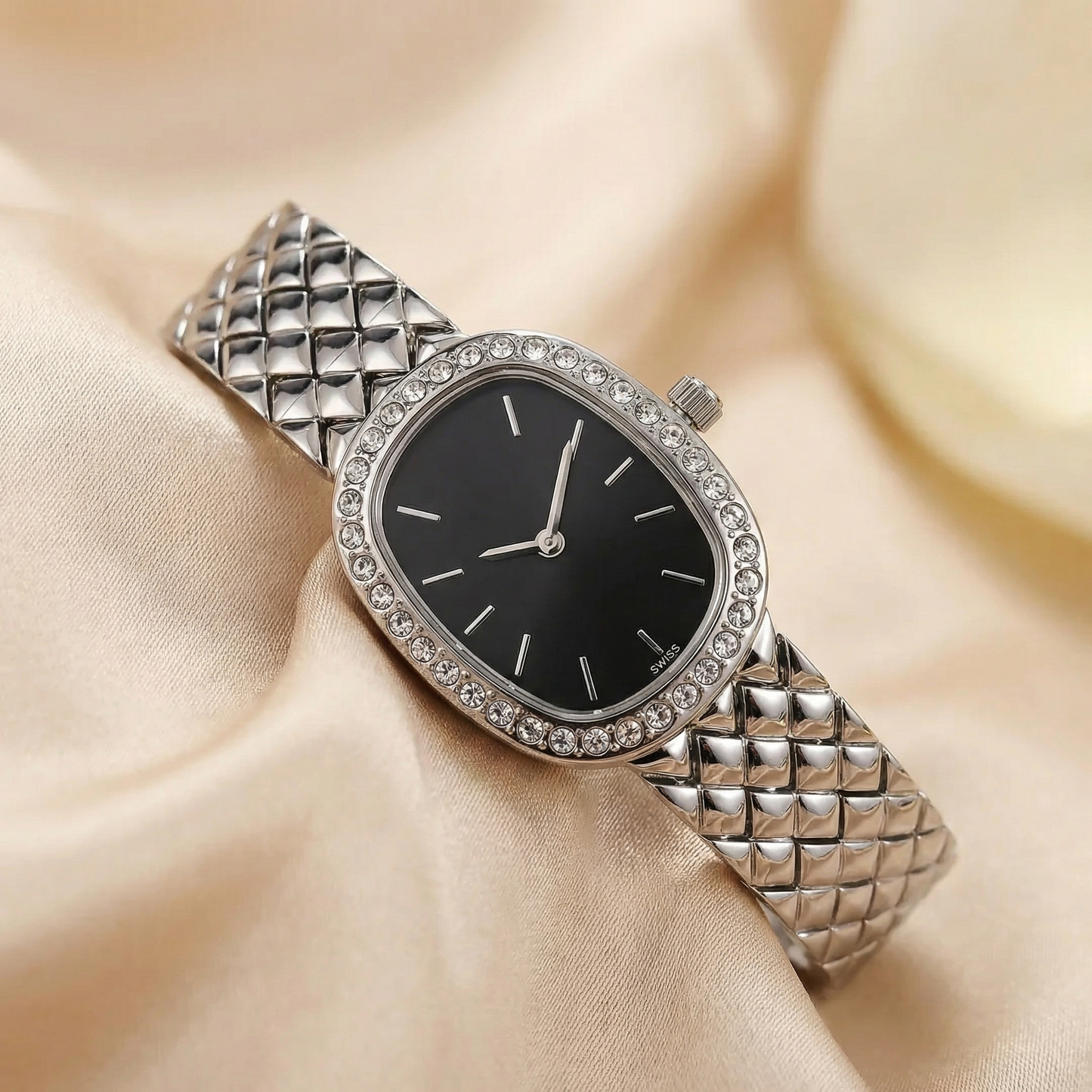 Luxury Oval Bracelet Watch for Women | Silver Stainless Steel Watch | Black & White Dial Options | Crystal Bezel Timepiece