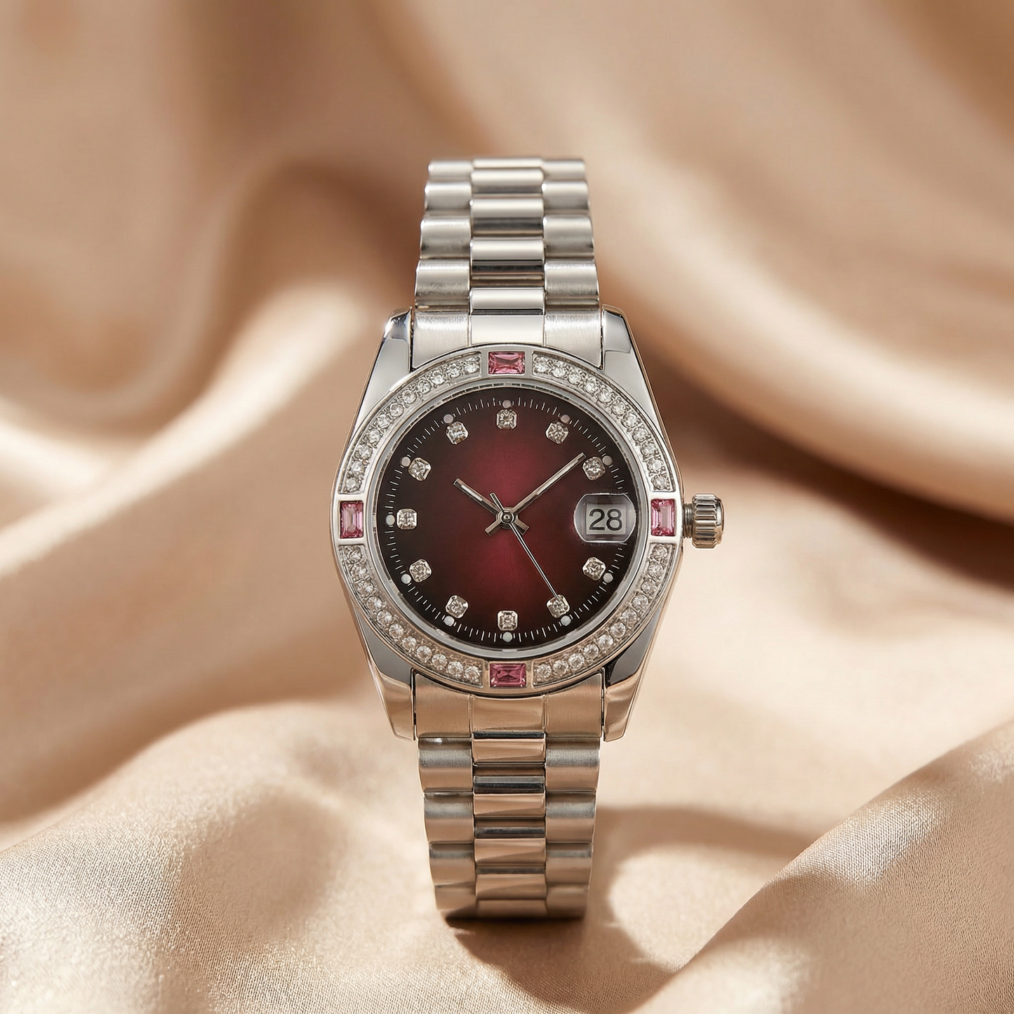 Crystal Date Bracelet Watch in Silver with White, Blue, Green, Red & Black Dial | Stainless Steel Quartz Watch