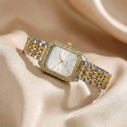 Two-Tone Stainless Steel Watch with Crystal Bezel | White & Green Dial Quartz Watch | Elegant Luxury Timepiece