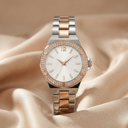 Luxury Crystal Bezel Statement Watch with Polished Bracelet | Elegant Women’s Timepiece in Gold, Silver & Rose Gold