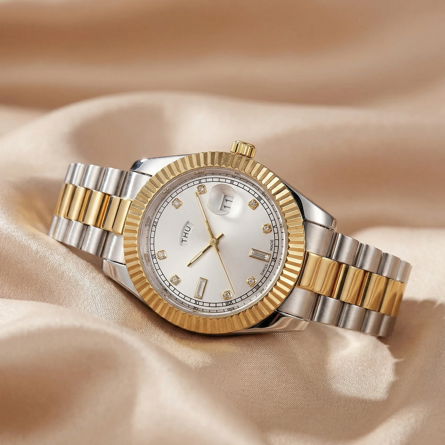Classic Two-Tone Date Watch with Gold Bezel | Stainless Steel Bracelet Watch with Day & Date Display | Timeless Luxury Statement Timepiece