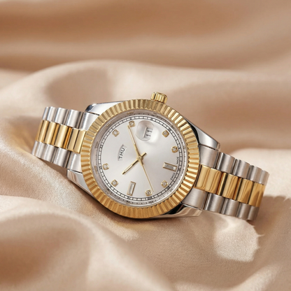 Classic Two-Tone Date Watch with Gold Bezel | Stainless Steel Bracelet Watch with Day & Date Display | Timeless Luxury Statement Timepiece