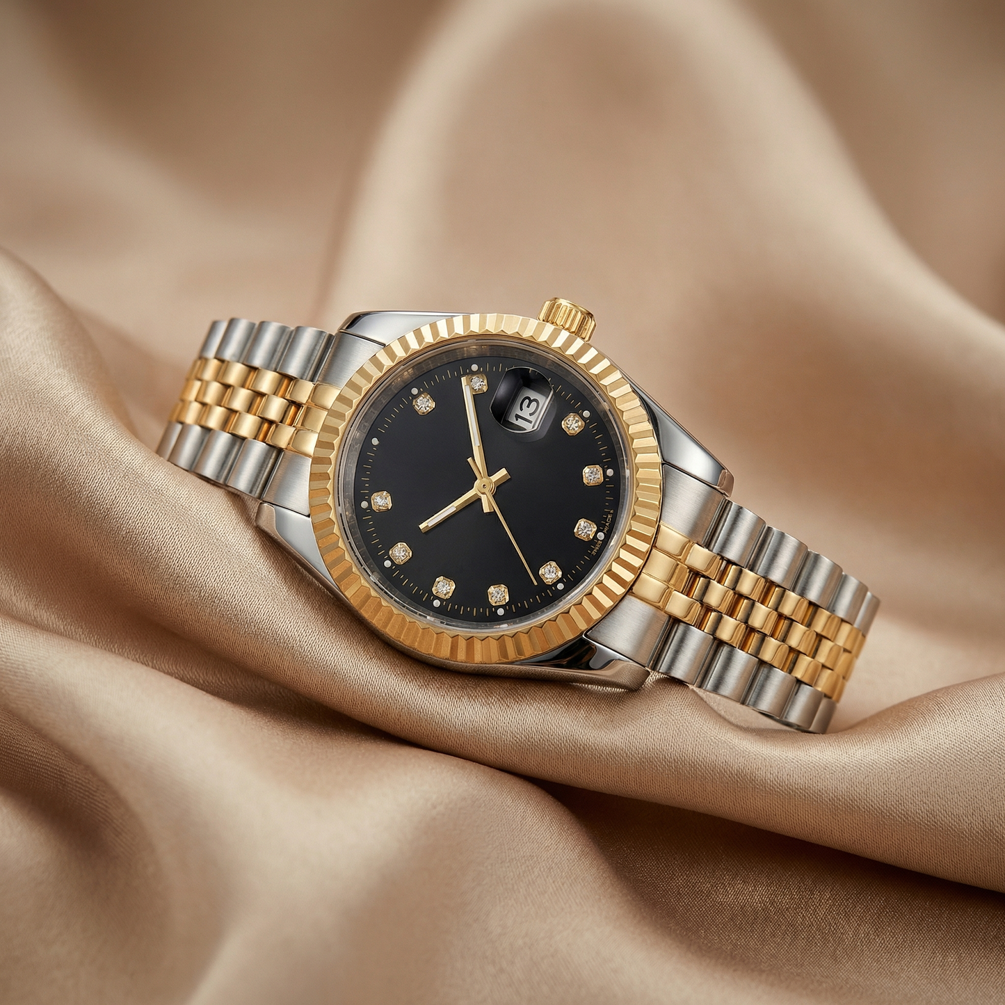 Elegant Two-Tone Date Watch with Crystal Markers | Gold, White & Black Dial