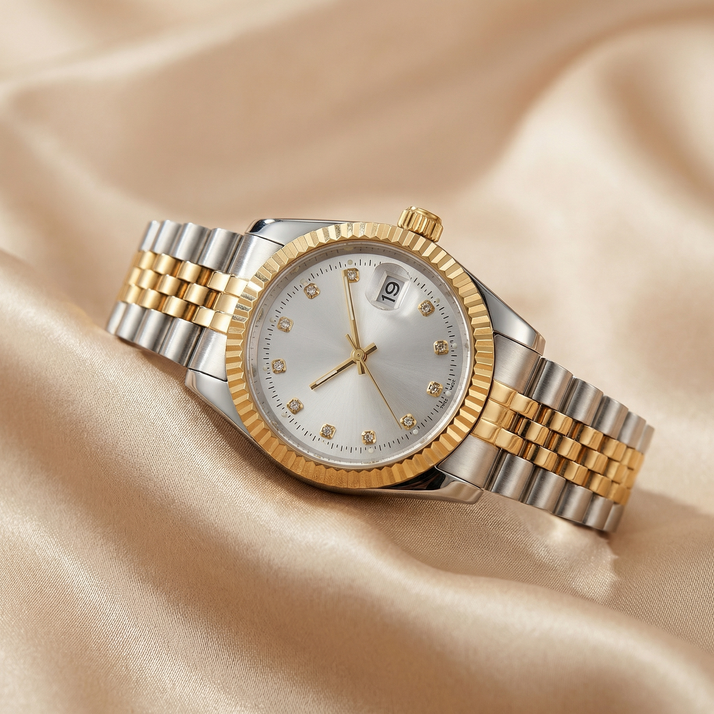Elegant Two-Tone Date Watch with Crystal Markers | Gold, White & Black Dial