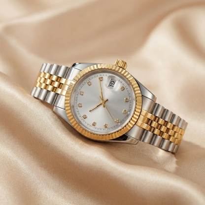 Elegant Two-Tone Date Watch with Crystal Markers | Gold, White & Black Dial