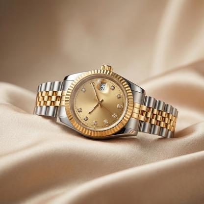 Elegant Two-Tone Date Watch with Crystal Markers | Gold, White & Black Dial