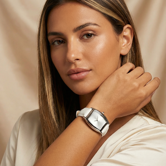 White Black Leather Stainless Steel Watch | Modern Square Dial Design | Women’s Timeless Accessories