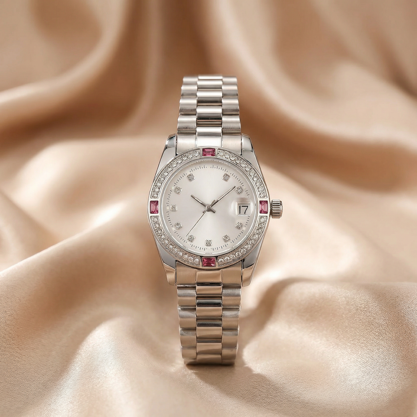 Crystal Date Bracelet Watch in Silver with White, Blue, Green, Red & Black Dial | Stainless Steel Quartz Watch