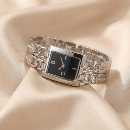 Luxury Silver Rectangular Bracelet Watch with Crystal-Link Design | Elegant Polished Statement Watch in Black & Silver
