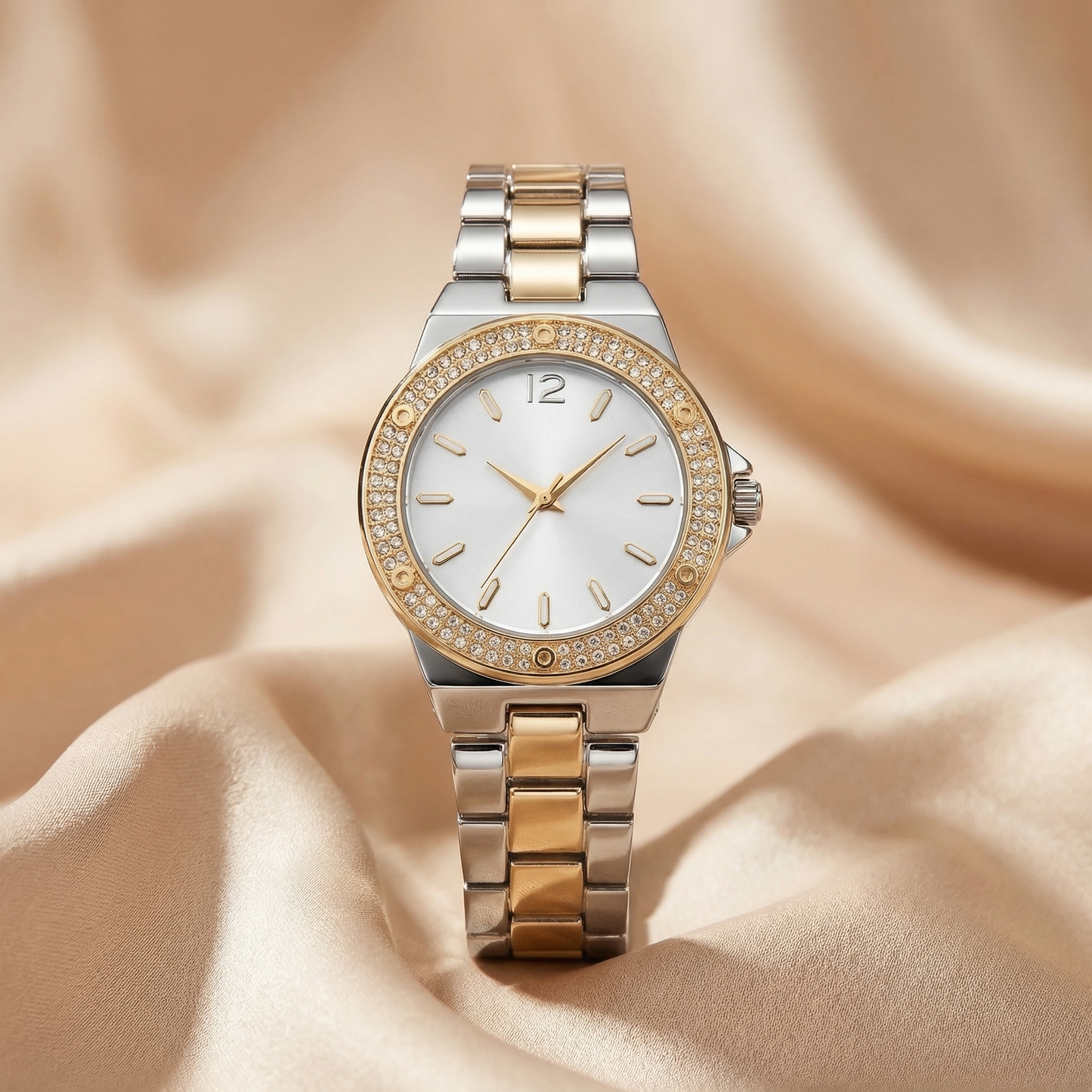 Luxury Crystal Bezel Statement Watch with Polished Bracelet | Elegant Women’s Timepiece in Gold, Silver & Rose Gold