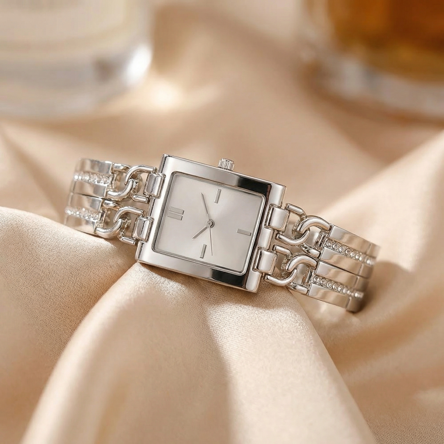 Luxury Silver Rectangular Bracelet Watch with Crystal-Link Design | Elegant Polished Statement Watch in Black & Silver
