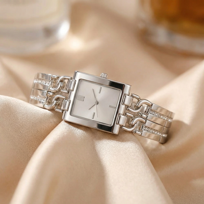 Luxury Silver Rectangular Bracelet Watch with Crystal-Link Design | Elegant Polished Statement Watch in Black & Silver