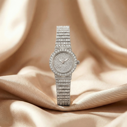 Rose Gold & Silver Luxury Crystal Watch | Full Pavé Dial Stainless Steel Quartz Watch | Elegant Statement Timepiece