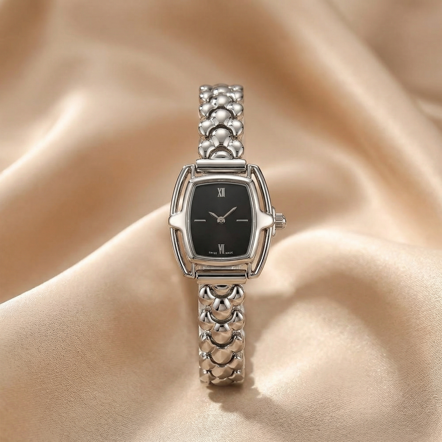 Classic Silver Square Watch with Polished Link Bracelet | Elegant Silver Statement Watch with Refined Square Dial