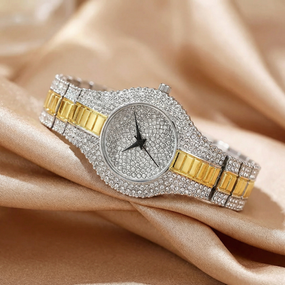 Luxury Crystal Two-Tone Bracelet Watch with Full Pavé Dial | Gold & Silver Diamond-Style Statement Timepiece for Women