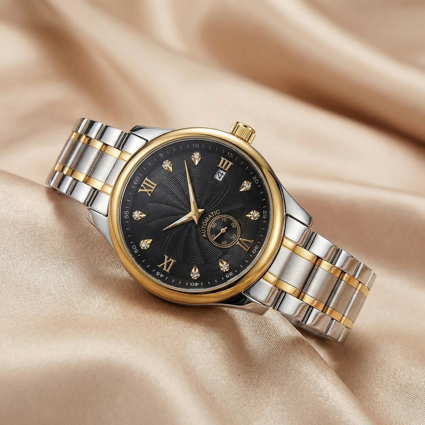 Luxury Two-Tone Automatic Roman Dial Watch with Date Display | Classic Gold & Silver Statement Timepiece in White, Champagne & Black