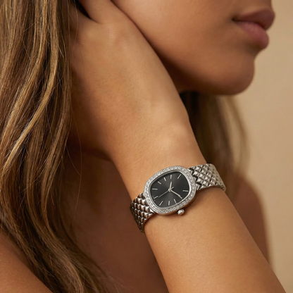 Luxury Oval Bracelet Watch for Women | Silver Stainless Steel Watch | Black & White Dial Options | Crystal Bezel Timepiece
