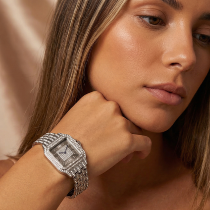 Luxury Iced Crystal Square Roman Dial Watch in Silver | Diamond Bezel Elegant Statement Bracelet Timepiece
