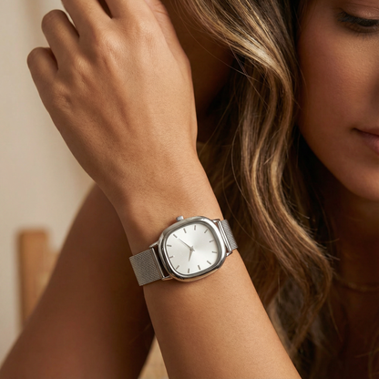Gold Rose Gold Silver Minimal Square Mesh Watch for Women | Gold Rose Gold Silver Stainless Steel Watch | White Dial Timepiece