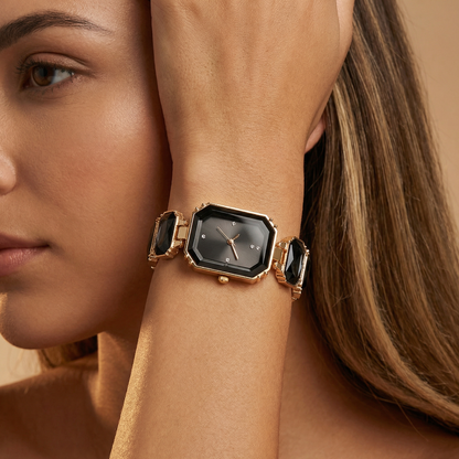 Gold Rectangular Crystal Bracelet Watch for Women | Gold Stainless Steel Watch | White & Black Dial Options | Crystal Link Timepiece