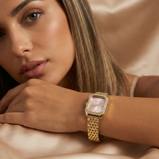 Gold Rectangular Bracelet Watch for Women | Crystal Bezel Stainless Steel Watch | Roman Dial