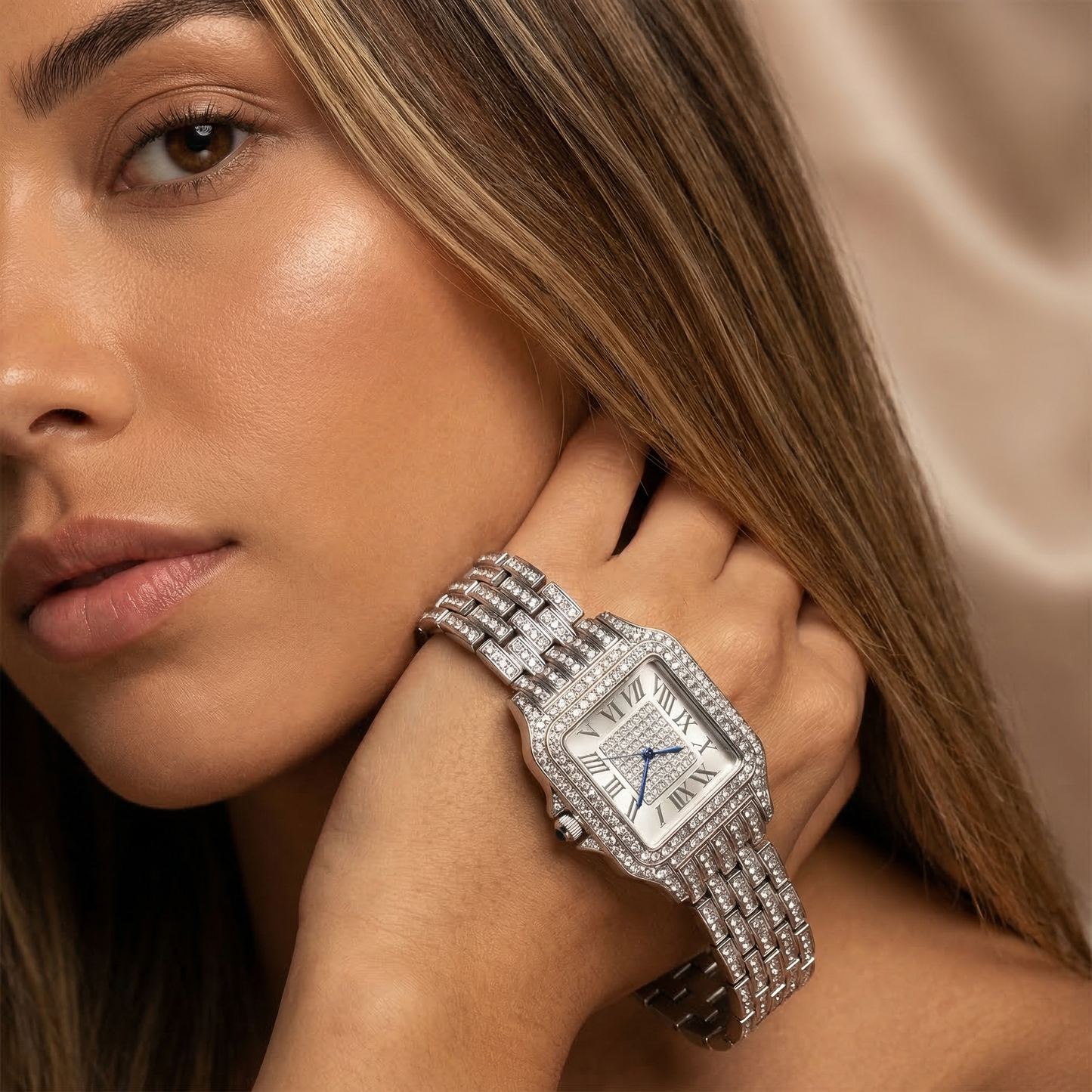Luxury Iced Crystal Square Roman Dial Watch in Silver | Diamond Bezel Elegant Statement Bracelet Timepiece