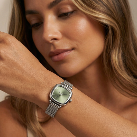 Square Mesh Watch for Women | Silver Stainless Steel Watch | Silver Grey Pink Blue Green Dial Options