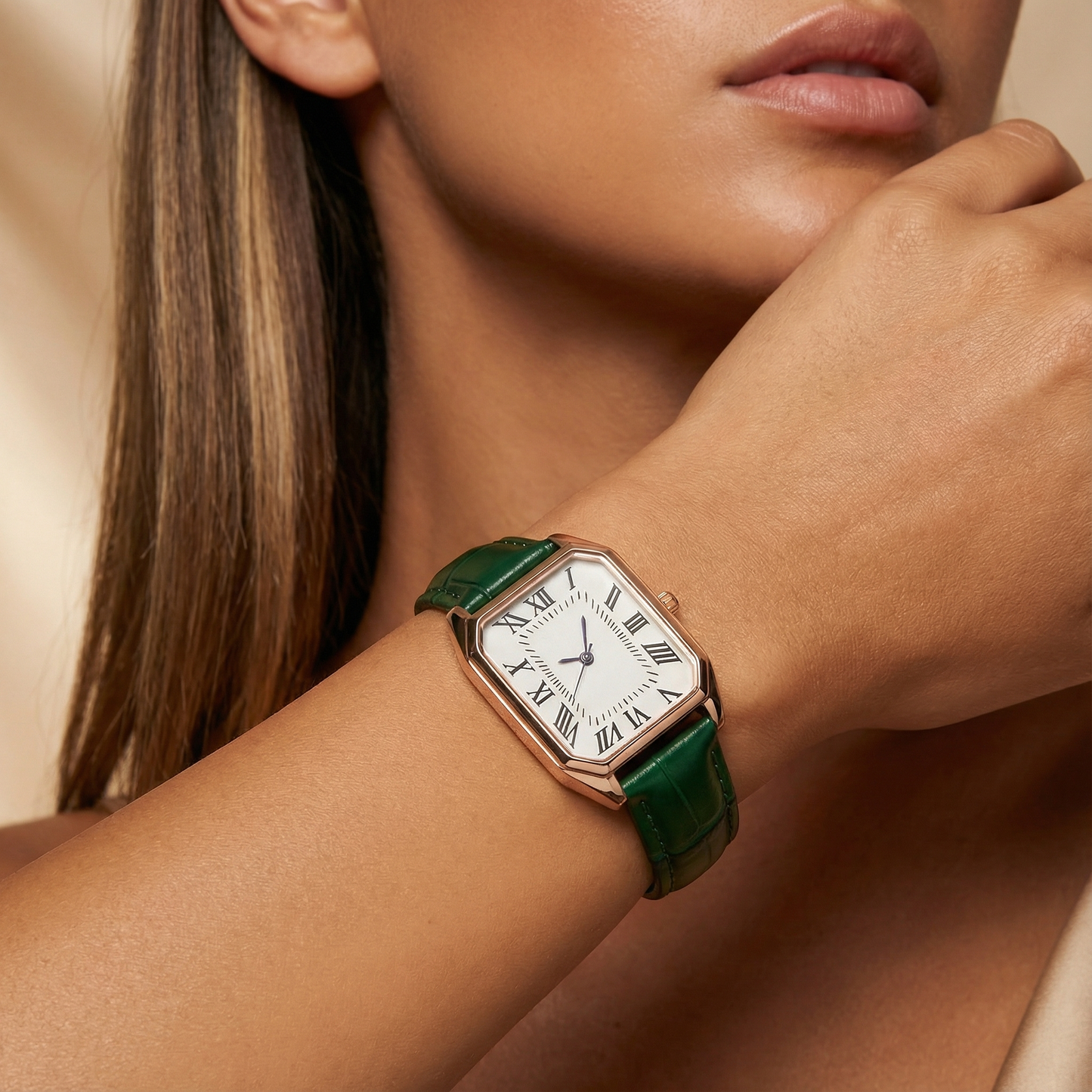 Rose Gold Rectangular Watch for Women | Leather Strap Timepiece | Green Black Red Brown Options | Timeless Elegant Accessory
