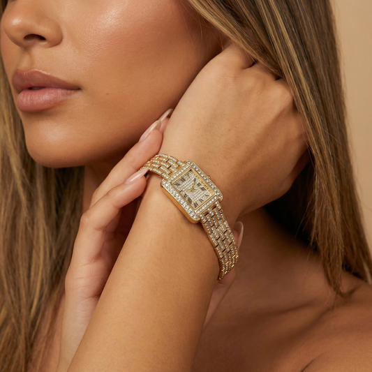 Luxury Square Crystal Bracelet Watch for Women | Gold Rose Gold Silver Stainless Steel Watch | Crystal Dial & Bezel Timepiece