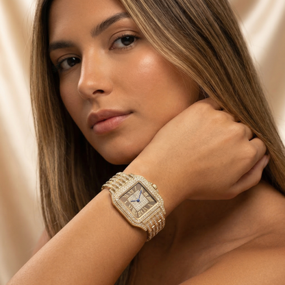Luxury Crystal Square Watch in Gold | Diamond Roman Dial Statement Timepiece