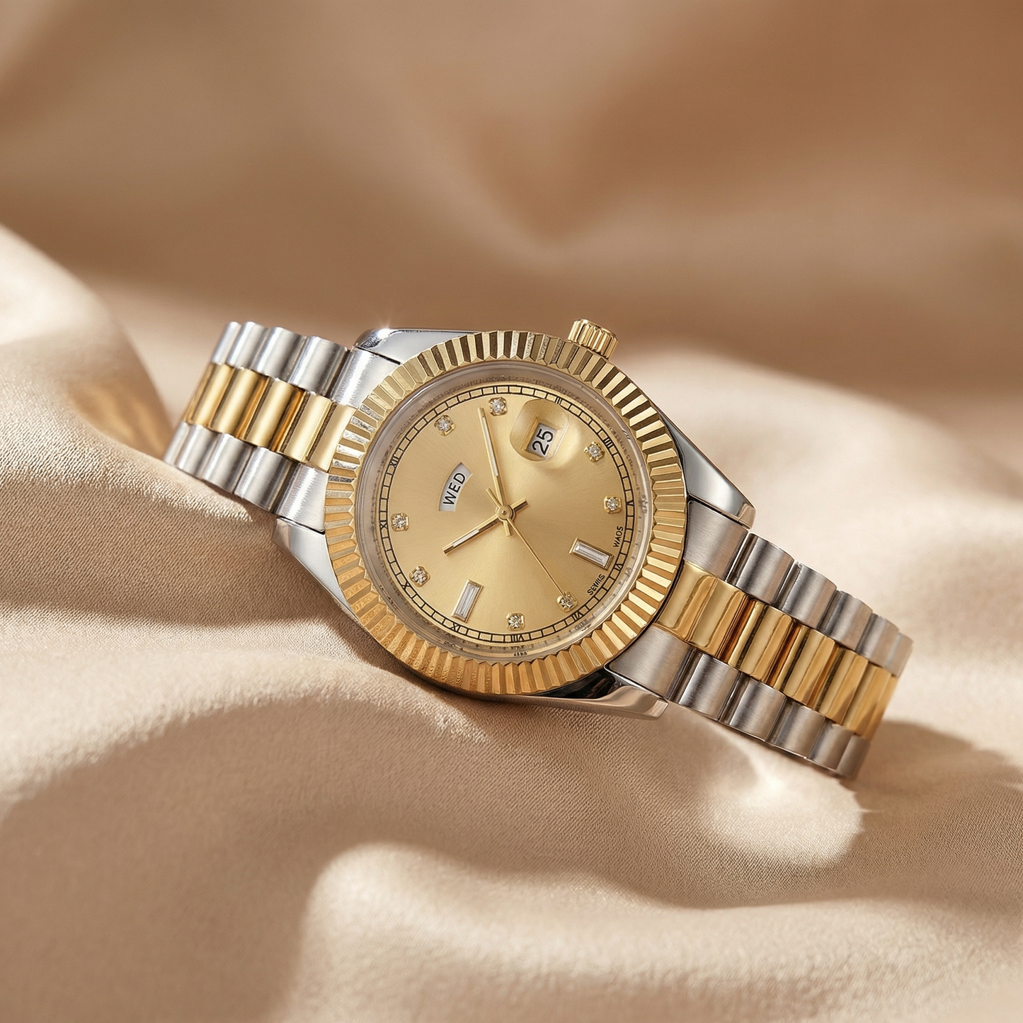Classic Two-Tone Date Watch with Gold Bezel | Stainless Steel Bracelet Watch with Day & Date Display | Timeless Luxury Statement Timepiece