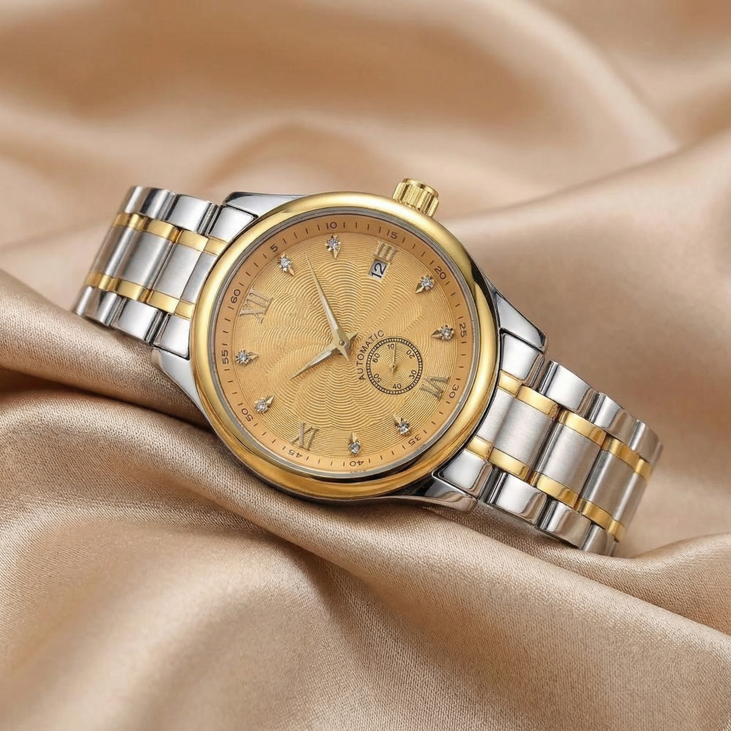 Luxury Two-Tone Automatic Roman Dial Watch with Date Display | Classic Gold & Silver Statement Timepiece in White, Champagne & Black