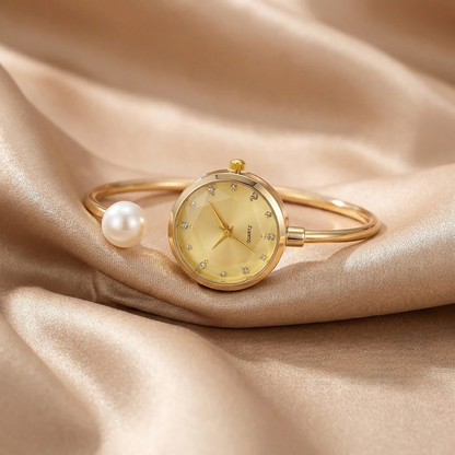 Elegant Pearl Accent Bangle Watch in Gold & Silver | Minimalist Open Bracelet Timepiece