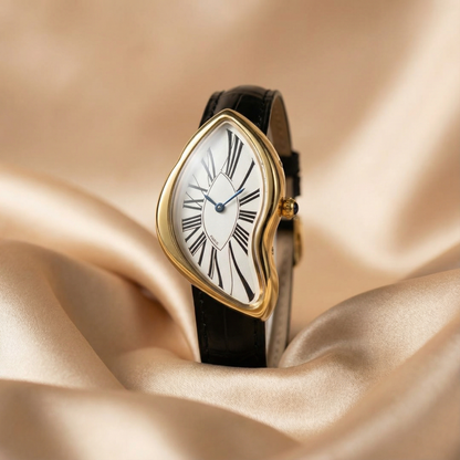 Gold and Silver Stainless Steel Melting Watch | Sculptural Organic Case Design | Leather Strap | Women’s Artistic Timepiece