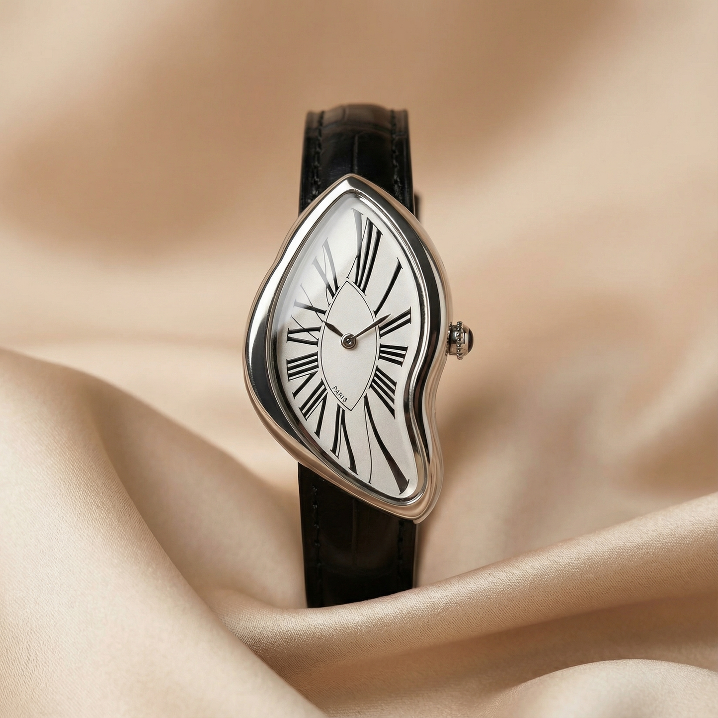 Gold and Silver Stainless Steel Melting Watch | Sculptural Organic Case Design | Leather Strap | Women’s Artistic Timepiece