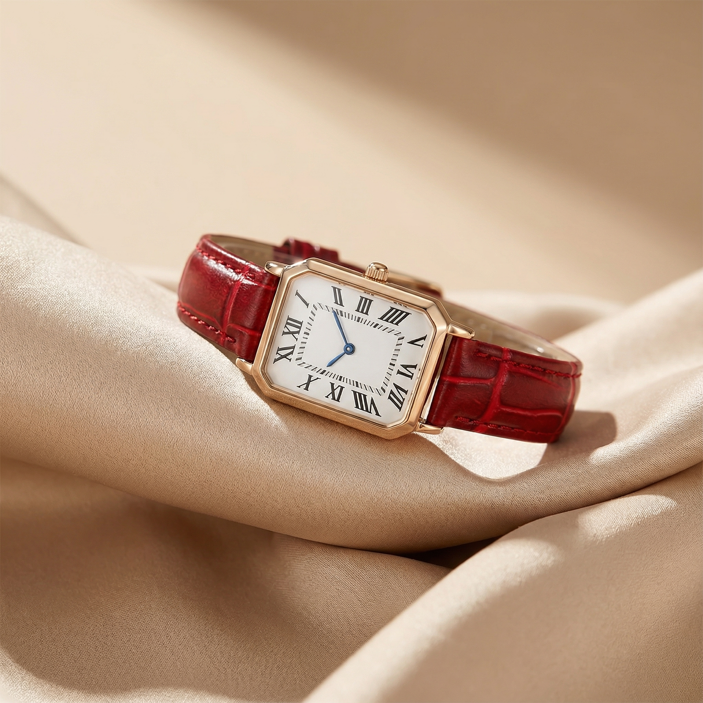 Rose Gold Rectangular Watch for Women | Leather Strap Timepiece | Green Black Red Brown Options | Timeless Elegant Accessory