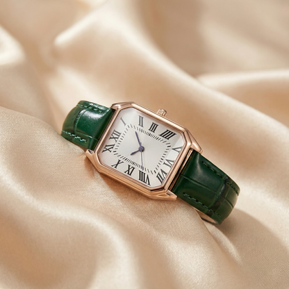 Rose Gold Rectangular Watch for Women | Leather Strap Timepiece | Green Black Red Brown Options | Timeless Elegant Accessory