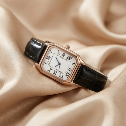 Rose Gold Rectangular Watch for Women | Leather Strap Timepiece | Green Black Red Brown Options | Timeless Elegant Accessory