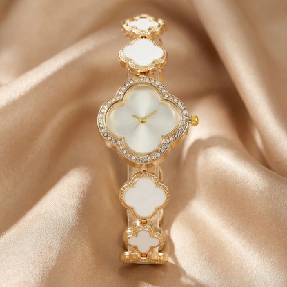 Luxury Clover Crystal Bracelet Watch in Gold | Elegant Floral Dial Jewellery Timepiece for Women