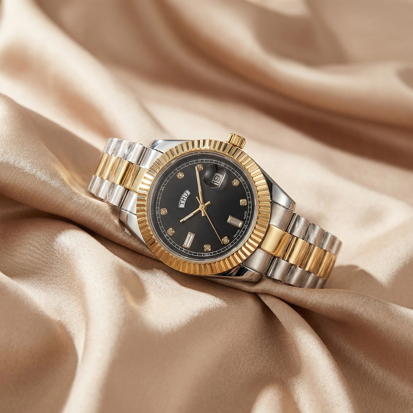 Classic Two-Tone Date Watch with Gold Bezel | Stainless Steel Bracelet Watch with Day & Date Display | Timeless Luxury Statement Timepiece