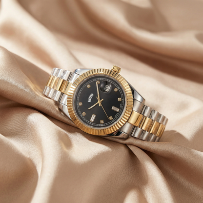 Classic Two-Tone Date Watch with Gold Bezel | Stainless Steel Bracelet Watch with Day & Date Display | Timeless Luxury Statement Timepiece